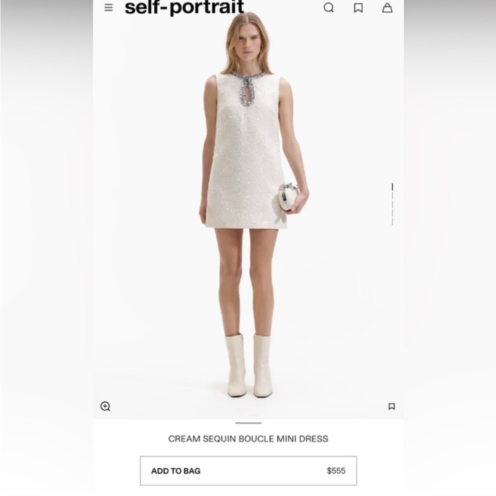 Self Portrait Authentic Cream Sequin Boucle Mini Dress Sz US 8/UK 12 Party Glam